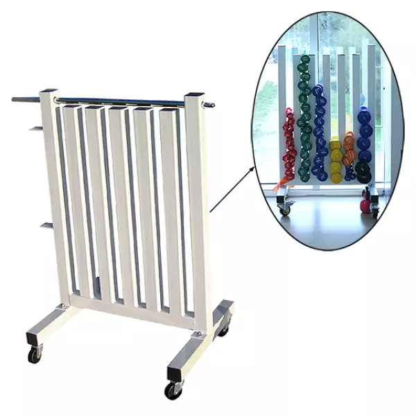 SOPORTE PARA PESAS DE VINILO CON RUEDAS Y BARRA