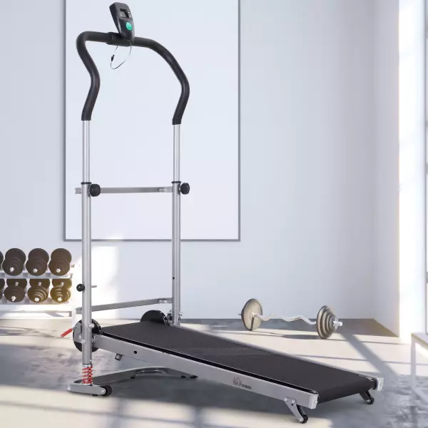 Cinta de Andar Manual Caminadora Plegable Portátil Pantalla LCD 2 Ángulos Reclinables Carga 110kg Altura 112-129cm Negro