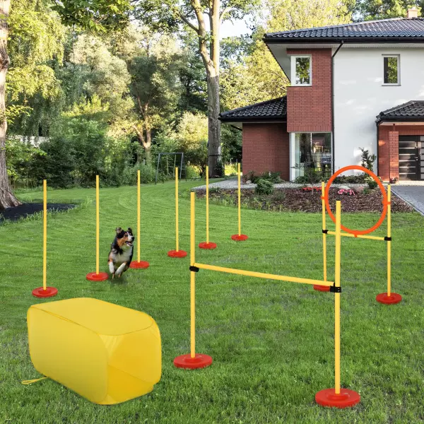 Conjunto 4 Obstáculos de Entrenamiento para Perro Set de Agilidad para Mascotas Estable Altura Ajustable de Aro Amarillo