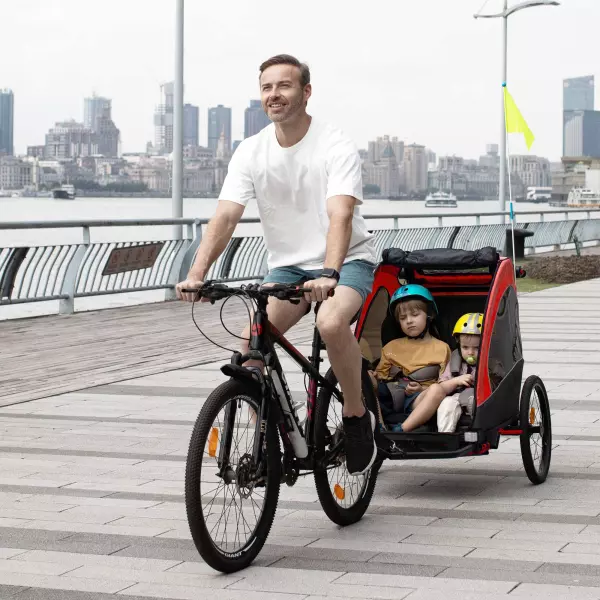Remolque Infantil 3en1 para Bicicleta Carro de 2 Plazas para Niños de +6 Meses Plegable Ruedas Giratorias y Manillar Ajustable 150x85x107 cm Rojo