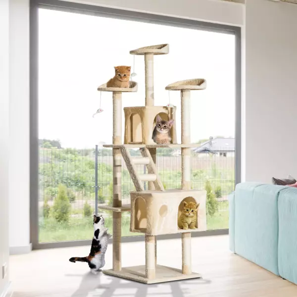 Rascador Gato Árbol para Gatos con Poste de Arañar Múltiples Plataformas Escaleras Cuevas Juguetes Centro de Actividades 60x50x180 cm Beige