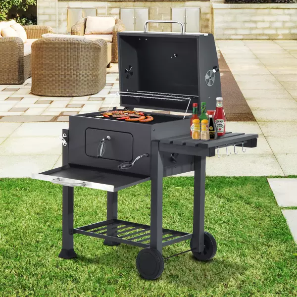Barbacoa de Carbón Vegetal con Ruedas Estantes Parilla Barril Carro de BBQ Picnic Acampada Smoker Ahumador de Carbón 115x56x108cm