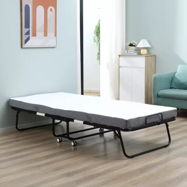 Cama Plegable 200x90x42,5 cm Cama de Camping Portátil con Colchón Individual Ruedas y Frenos Carga 150 kg para Dormitorio Salón Oficina Blanco