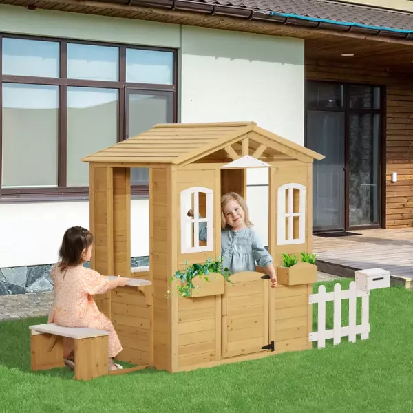 Casita Infantil de Exterior a Partir de 3 Años Casa de Juegos de Madera con Buzón Banco 210x107x140 cm para Exterior Interior Color Madera Natural