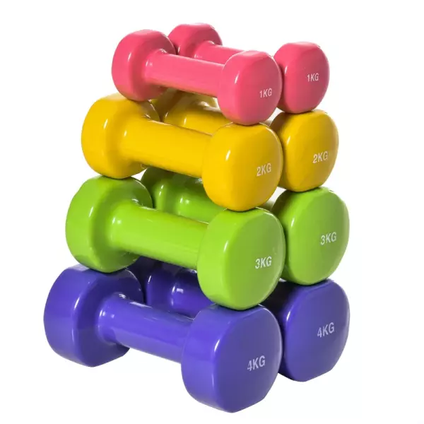 Juego de 8 Mancuernas Hexagonales 4 Pares 4 kg 3 kg 2 kg 1 kg con Revestimiento Pesas para Gimnasio en Casa Ejercicio Entrenamiento Acero Multicolor