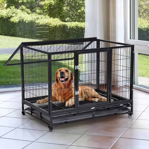 Jaula de Metal para Mascotas tipo Perro Grande con Ruedas y Bandeja Extraíble - 92x62x75cm