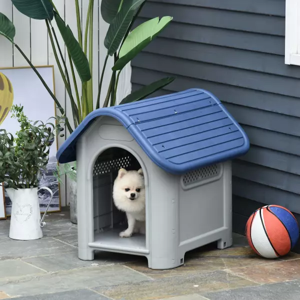 Caseta para Perros Pequeños y Mini para Uso Interior y Exterior con respiraderos Estilo Cabaña Resistente 59x75x66 cm Azul y Gris