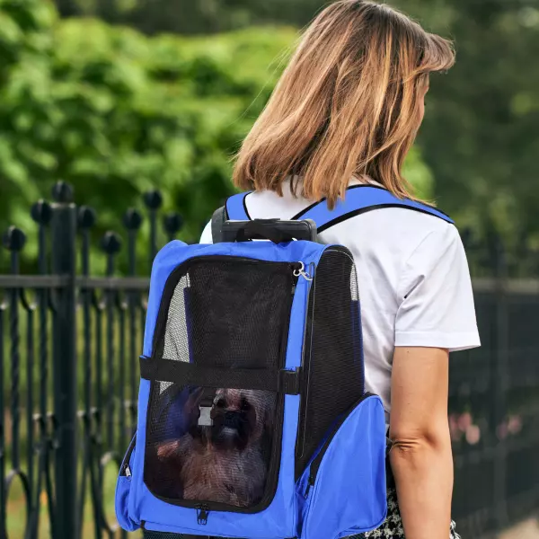 Transportín 2 en 1 Carrito y Mochila de Malla Transpirable para Mascotas Perros Gatos 42x25x55 cm Azul