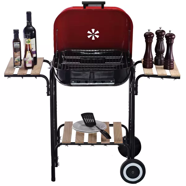 Barbacoa de Carbón Picnic con Estantes de Madera Parrillas Asador BBQ Patio Acampada Multifuncional Parilla de Carbón Vegetal 98x49x81cm con Ruedas