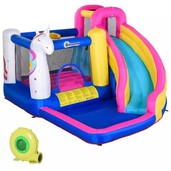 Castillo Hinchable Infantil con Tobogán Piscina Cama de Salto Inflador y Bolsa de Transporte 380x320x210 cm Multicolor