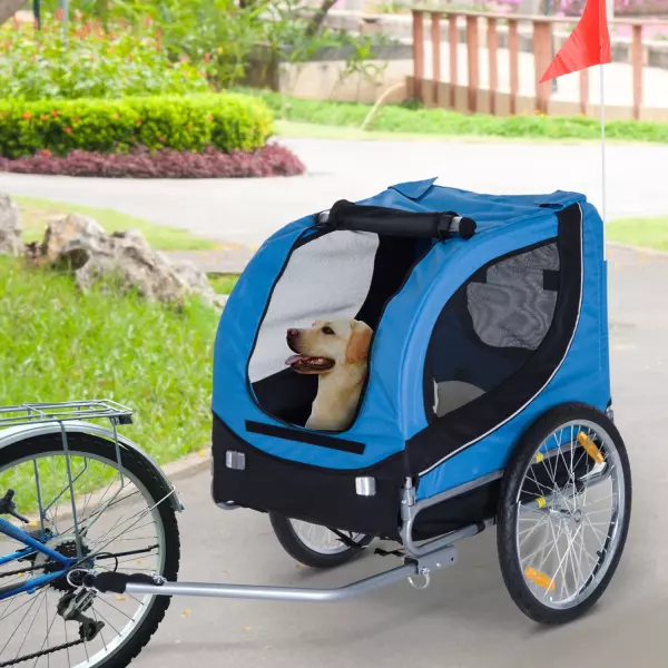 Remolque Bicicleta Perros Mascota 1 Bandera 6 Reflectores Remolque Bici Azul y Negro