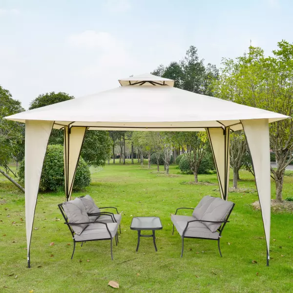 Cenador 3,5x3,5 m Carpa con Doble Techo y 8 Orificios de Drenaje para Celebraciones Fiestas Jardín Exteriores Beige