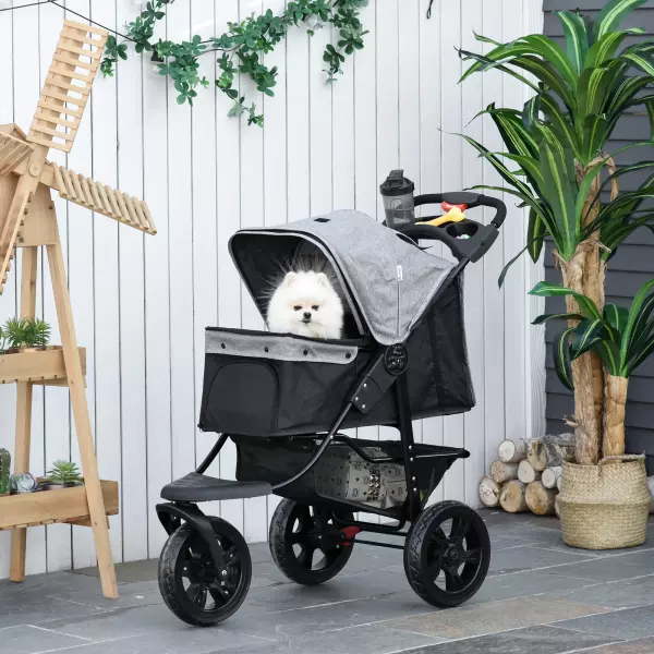 Cochecito para Mascotas Plegable con 3 Ruedas Puerta Ventanas de Malla Cesta de Almacenaje y Correas de Seguridad Marco Acero 109,5x54,5x106,5 cm Gris