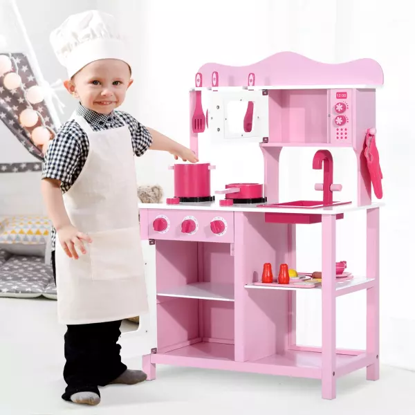 Cocina de Juguete Infantil con accesorios - Madera - Color Rosa - 60x30x84,5 cm
