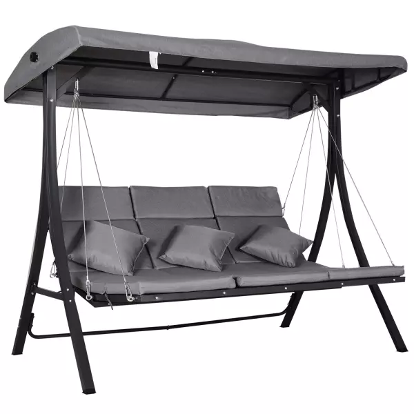 Balancín con Toldo Ajustable de 3 Plazas Silla de Columpio con Dosel Cojines para Exterior Jardín Terraza Carga 270 kg 200x115x168 cm Gris