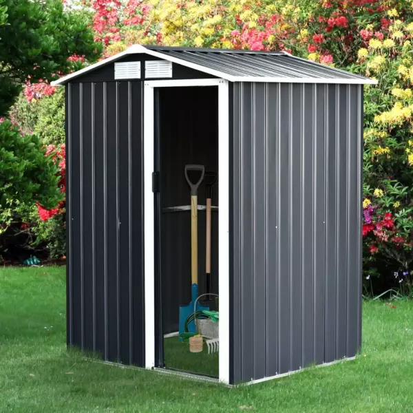 Caseta de Jardín Metálica Cobertizo para Almacenaje de Herramientas Techo Inclinado 4 Ventilaciones 150x130x186cm Gris y Blanco