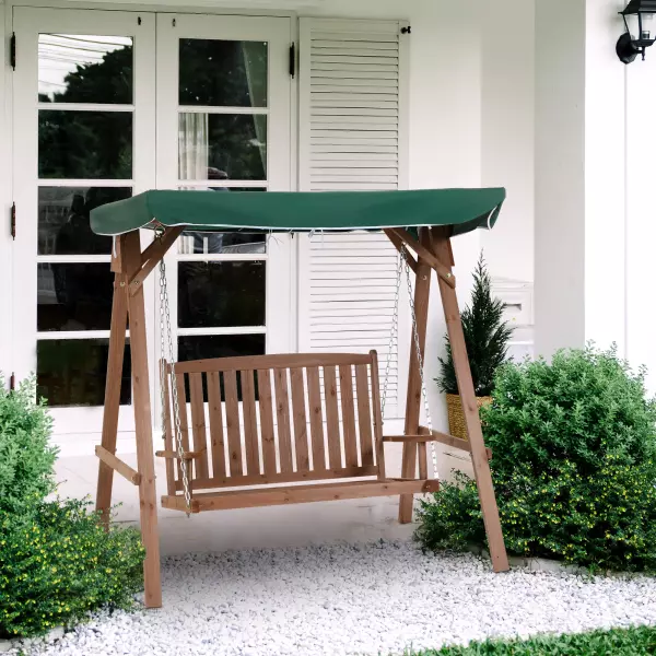 Banco Columpio de Jardín de Madera con Dosel Verde 160x120x165 cm Carga 227 kg Balancín para Patio Jardín Terraza Exterior Protección Solar Marrón