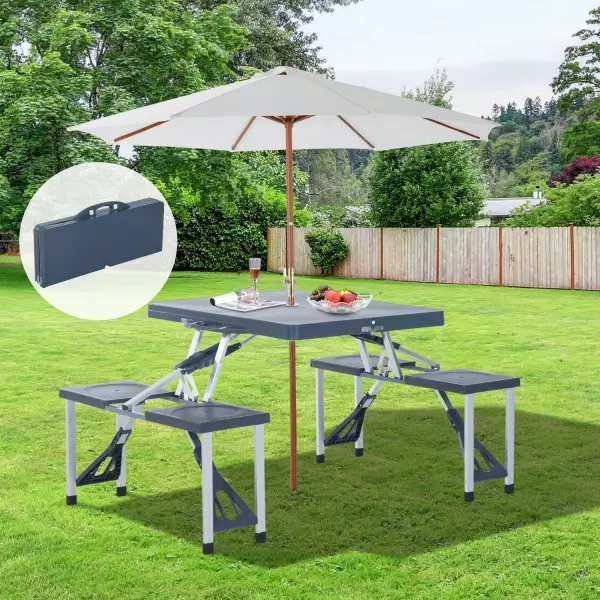Mesa Maleta de Camping Plegable Portátil 4 Asientos y Agujero Sombrilla Estructura Aluminio Playa Picnic 136x84,5x66 cm (Gris)
