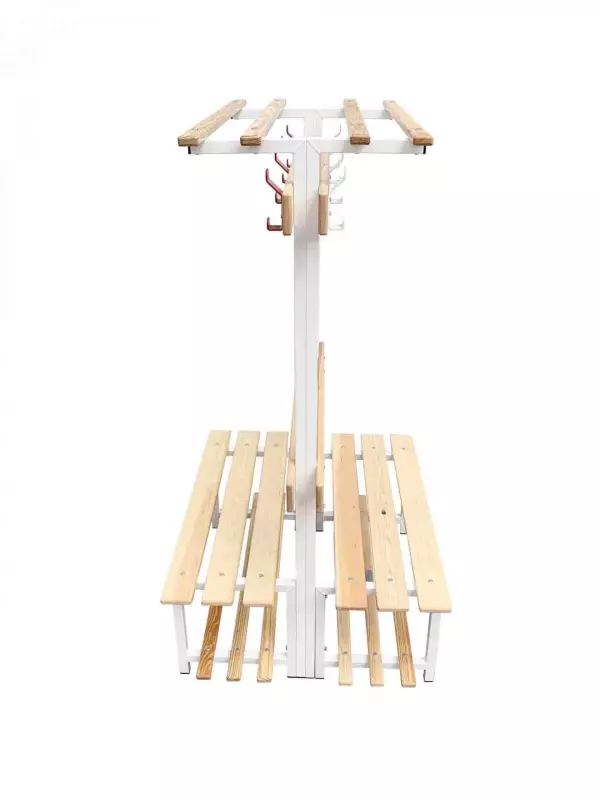 Banco vestuario metálico doble madera, perchas y balda superior