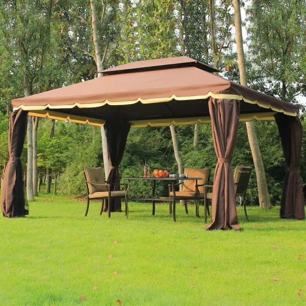Gazebo Pabellón Exterior Jardín 2.9x3.9x2.8m Carpa Cenador Impermeable de Lujo Marco de Aluminio con Pared Lateral y Mosquitera Color Marrón