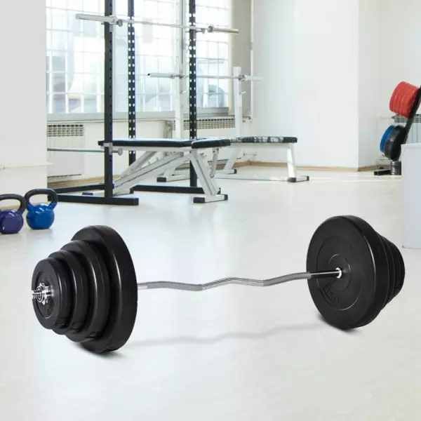 Juego de Pesas 70 kg con Barra Curvada de Acero y 8 Discos para Entrenamiento Culturismo en Gimnasio Casa 140x38,5x38,5 cm Negro