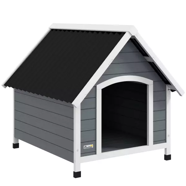 Casa para Perros Medianos Grandes 84x99x87 cm con Techo Ondulado Base Elevada y Suelo Desmontable Gris