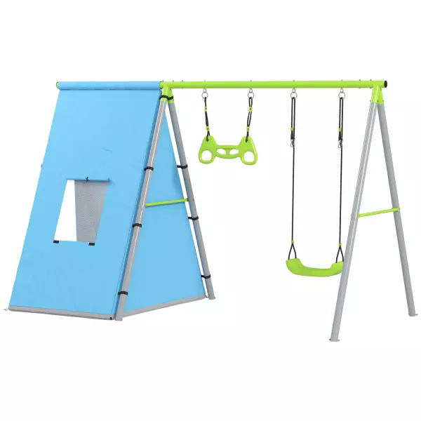 Columpio Infantil 3 en 1 con Tienda Anillas y Altura Ajustable para Niños de 3-8 Años Estructura Metálica 283x180x182 cm