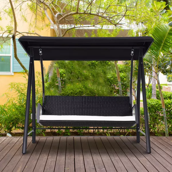 Columpio Jardín tipo Balancín Mecedora de Ratán con 3 Plazas para Jardín y Terraza con Toldo Regulable y Cojín - 198x124x179cm