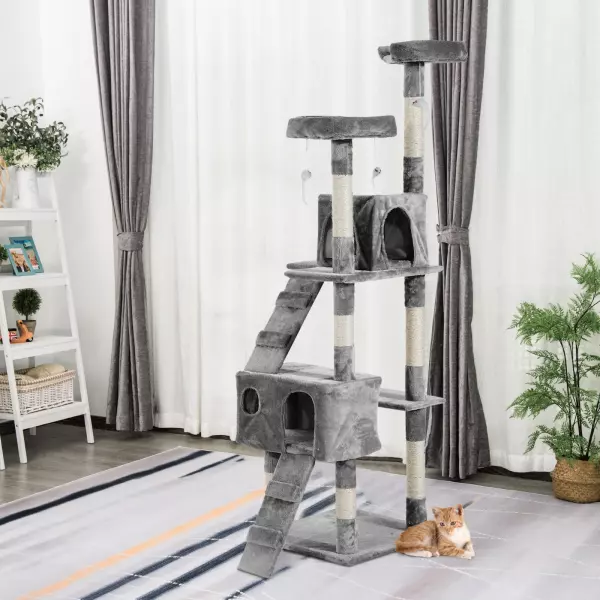 Rascador Gatos Dormir Jugar Centro Actividades Arañar Gris Madera Felpa con Ratoncitos 50x50x170cm