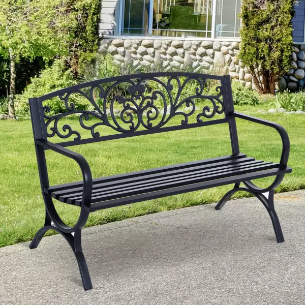 Banco de Jardín de 2 Plazas Banco de Terraza de Hierro con Diseño Clásico Patrón Floral 127x60x85cm Negro
