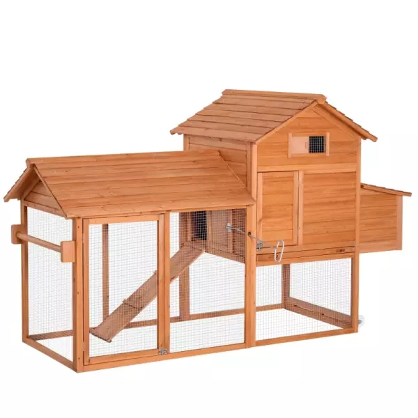 Gallinero Exterior Madera Jaula para Gallinas Animales Pequeños con Corredor Techo Abatible Caja Nido Bandeja Rampa 2 Ruedas y 2 Perchas 213x91x122cm