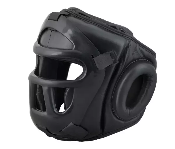 CASCO NEGRO CON MÁSCARA PROTECTORA JUSPORTS PIEL
