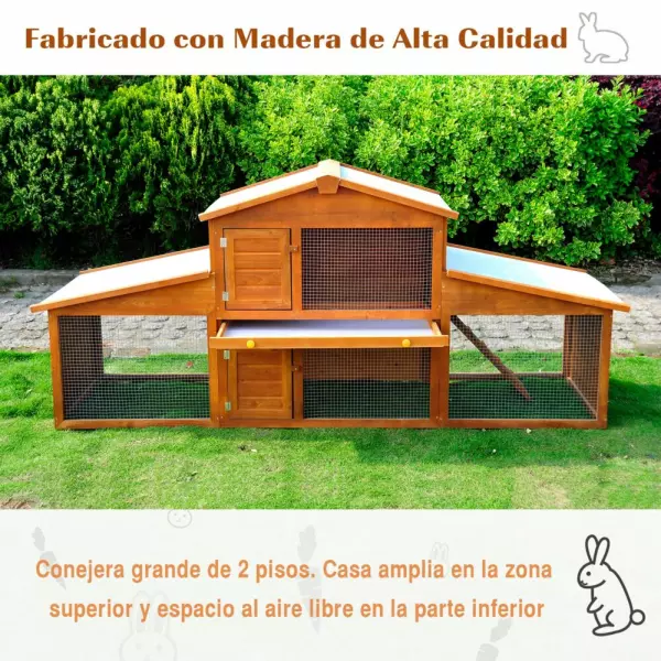 Conejera de Madera Grande de 2 Niveles con Rampa Puertas con Cerradura y Zona Abierta Protegida 215x63x100 cm
