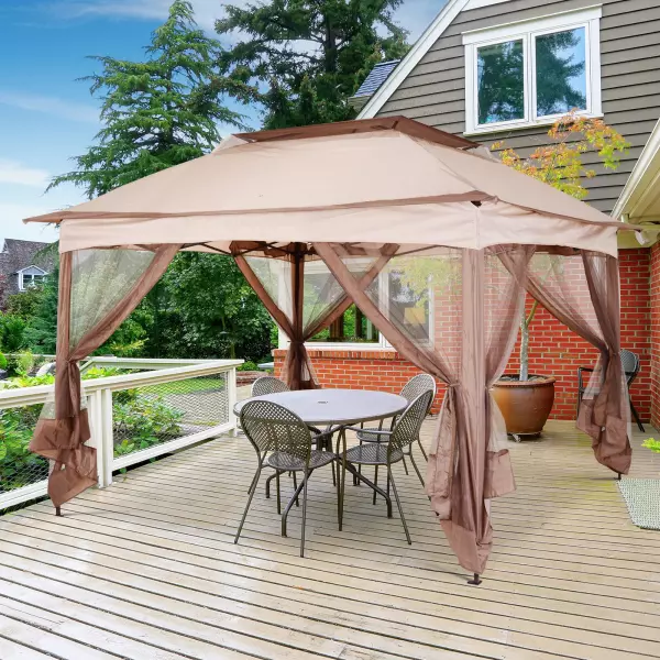 Carpa Plegable 3.25x3.25m Gazebo Pabellón Cenador Jardín Doble Techo Mosquitera Bolsa Transporte Marco Acero Tela Poliéster Resistente de Agua