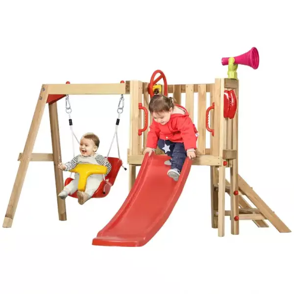 Juego de Tobogán y Columpio para Niños 4 en 1 con Columpio Tobogán Volante Bocina Teléfono 170x200x118 cm Rojo y Natural