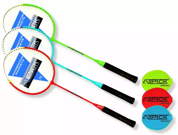 Raqueta badminton acero Mod."ATIPICK 011" con funda. surtidas azul. verde y rojo