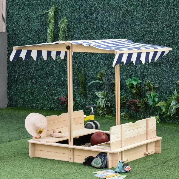 Arenero de Madera para Niños con Techo Banco Toldo Ajustable Desmontable Caja de Arena 106x106x121 cm +3 Años Carga 150 kg Color Madera Natural