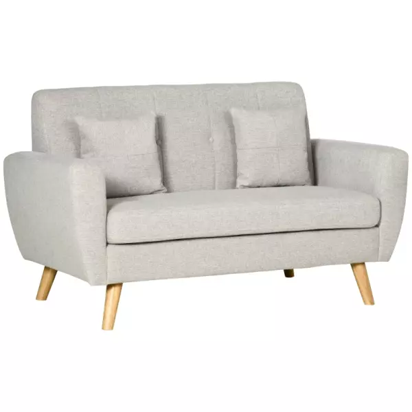 Sofá de 2 Plazas Tapizado en Lino Sintético con 2 Cojines Reposabrazos y Patas de Madera 149x76,5x86 cm Crema