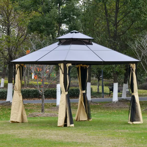 Cenador 3x3 m con Doble Techo de Policarbonato y 4 Cortinas 4 Mosquiteras con Cremallera Marco de Aluminio Exterior Fiestas Beige y Negro
