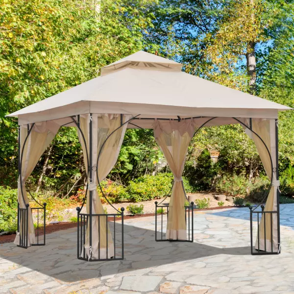 Cenador de Jardín 3x3m con 4 Cortinas Laterales de Cremallera y Doble Techo con 8 Orificios de Drenaje Estilo Moderno para Patio Aire Libre Beige