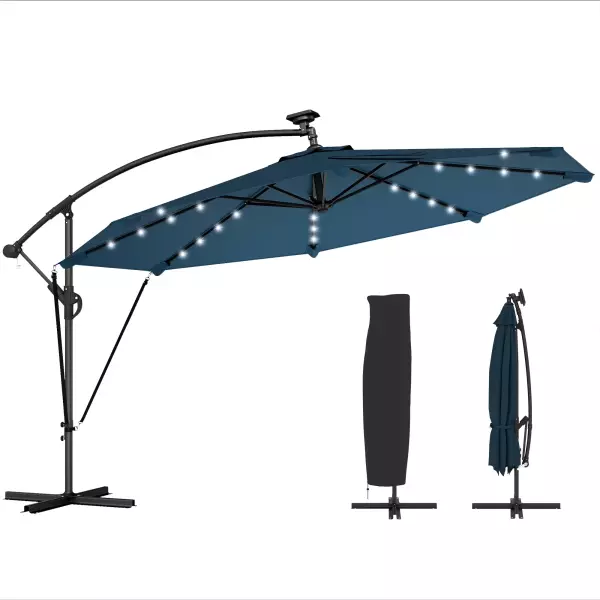 Parasol Excéntrico con Luces LED Solares Ø345 cm Sombrilla Jardín de Aluminio con Base Cruzada Manivela Funda Azul