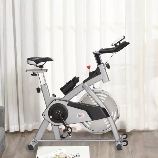 Bicicleta Estática de Ejercicios con Manillar Sillín Resistencia Ajustables Pantalla LCD Pulsómetro 96x50x107 cm Carga 110 kg Plata