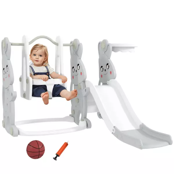 Tobogán Infantil con Columpio con Barandilla y Canasta 4 en 1 para Niños de +18 Meses 147,5x160x107 cm Gris
