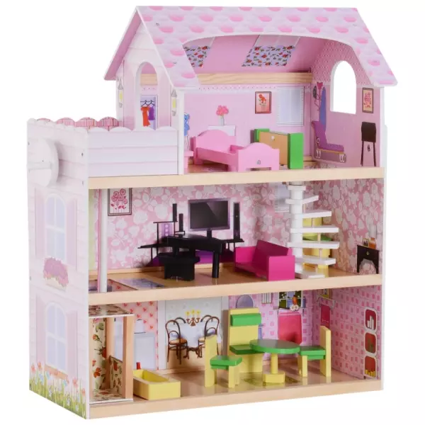 Casa de Muñecas con 13pcs Muebles Mobiliario Casita Muñeca Juguete Madera 3 Pisos Casa de Juguete Bella de Madera 60x30x71.5cm