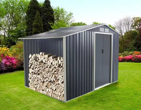 Caseta Jardin Metálica Ontario con Leñero adosado Exterior 191x278x195 cm Acero Galvanizado Gris Antracita