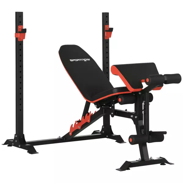 Banco de Musculación Multifuncional con Respaldo Reclinable y Soporte de Barras Altura Ajustable 180x110x126 cm Negr