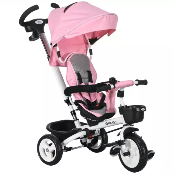 Triciclo Infantil 6 en 1 con Mango de Empuje, Toldo, Cinturón, Cesta, 18+ Meses, Rosa