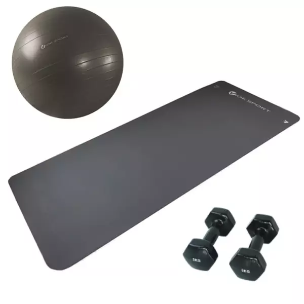 Pack de colchoneta fitness, fitball y mancuernas de 3kg