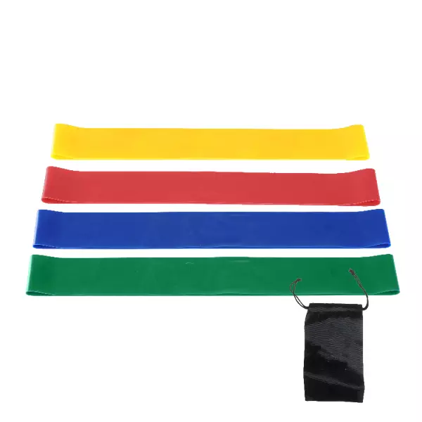 Set 4 bandas elásticas planas 25 cm: Light (amarillo). Medio (rojo). Fuerte (azul). X-Fuerte (verde)