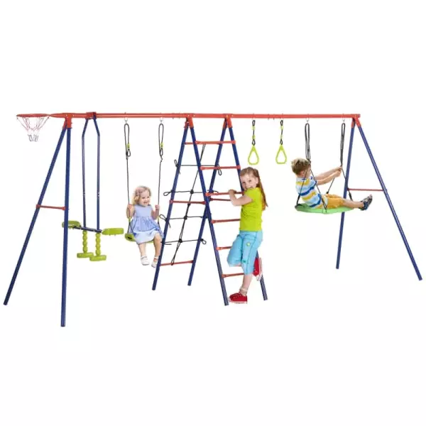 Juego de Columpios de Jardín de Metal 6 en 1 para Niños de 3-12 Años con Canasta Escalera y Anillas 435x135x177 cm Azul